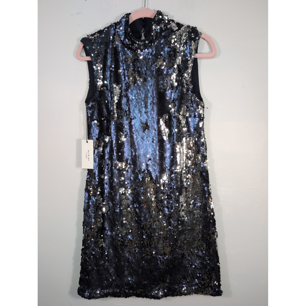 New Ali & Jay Large Double Platinum Sequin Sleeveless Mini Shift Dress High Neck